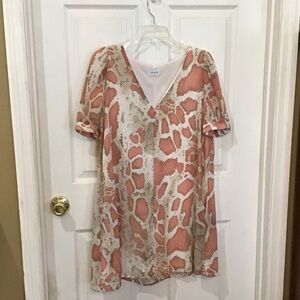 Adrienne Coral & Cream Animal Print V-Neck Tunic Dress